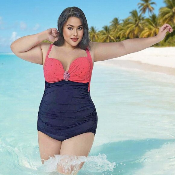 Plus 1Pc Ruched Front Swimsuit Women Size 14 Navy Blue Swimwear with Front Jewel - Picture 6 of 9